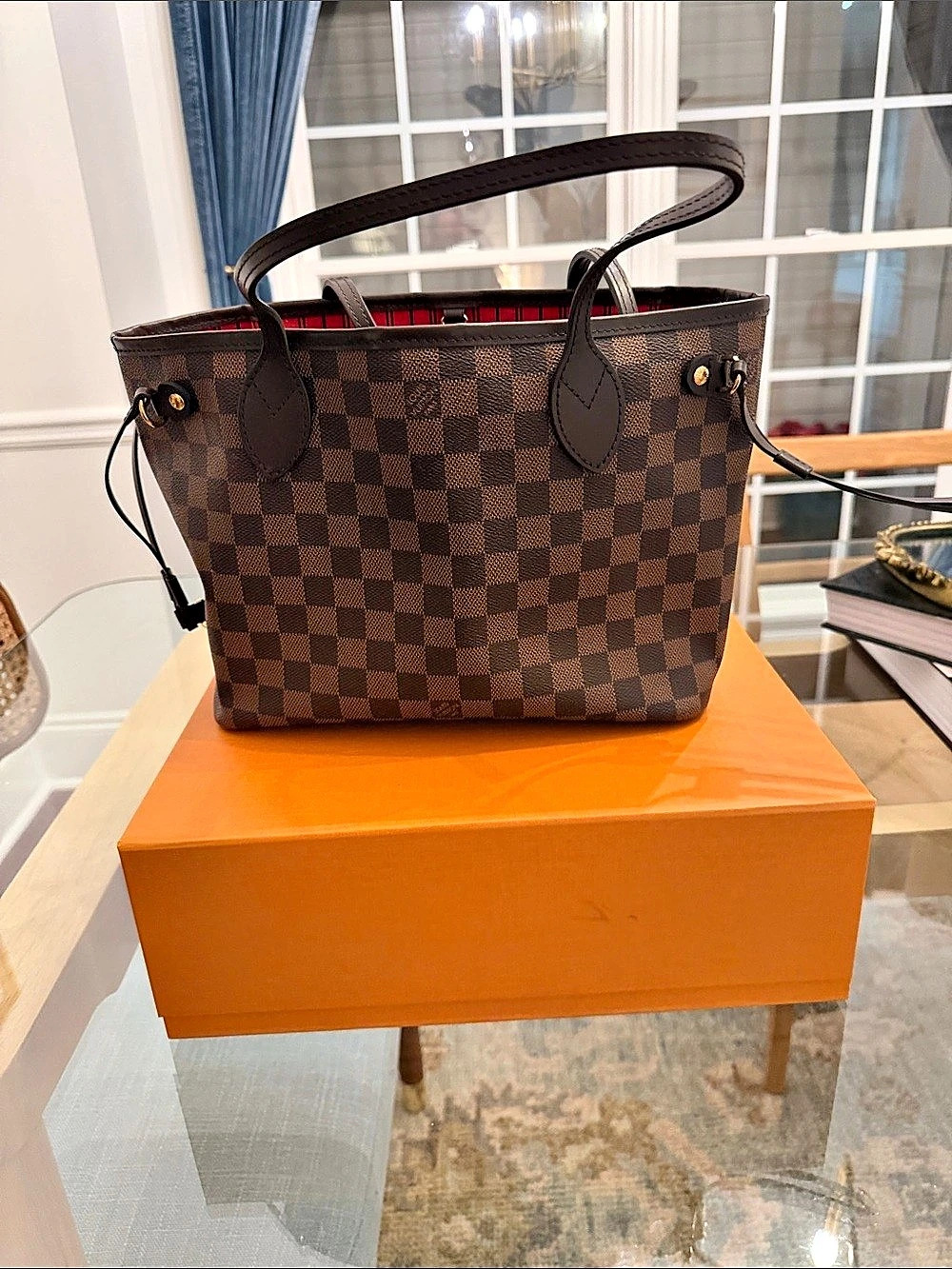 Louis Vuitton Neverfull MM Damier Ebene Tote in Brown & Red